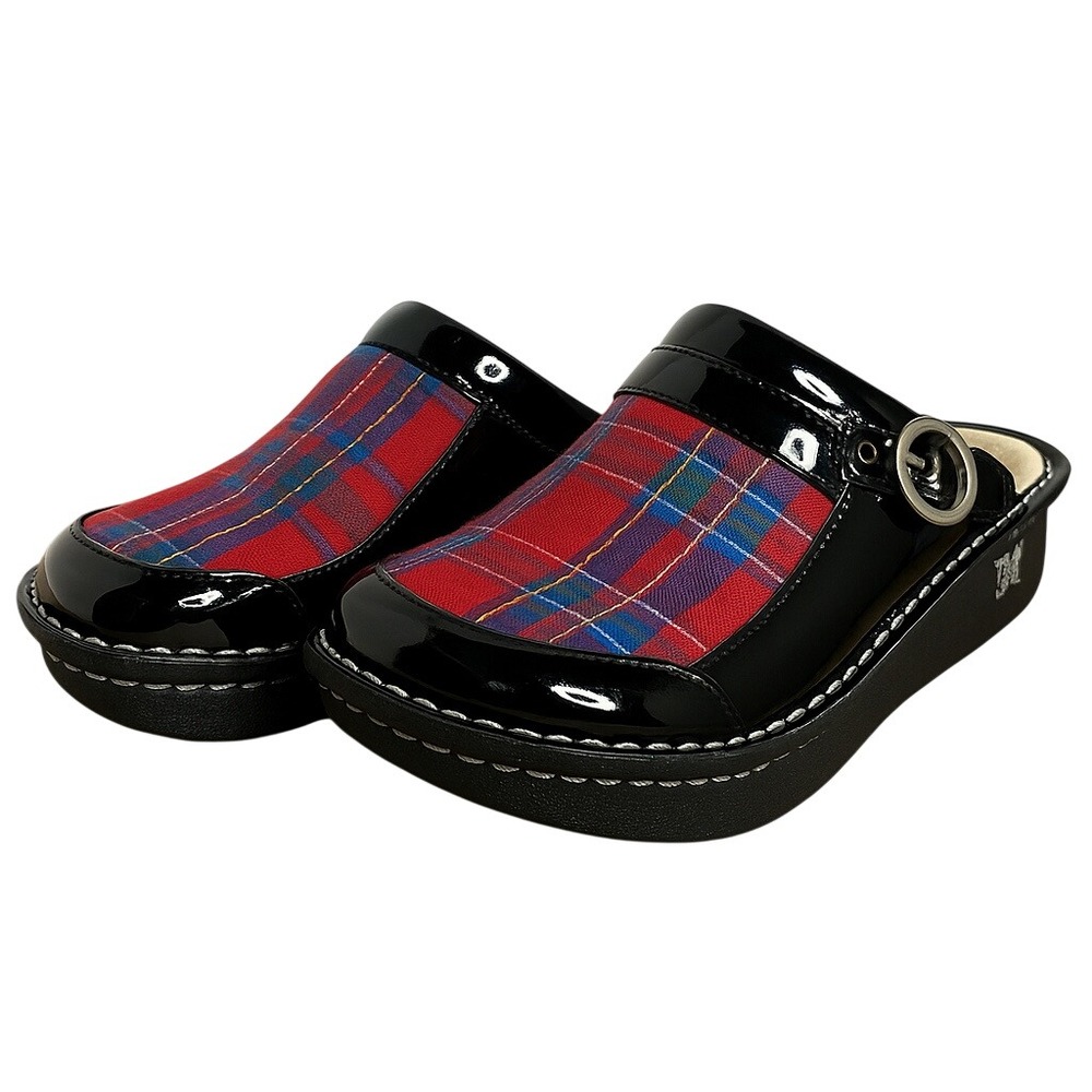 Alegria Clogs Tartan Plaid Patent Leather Slip On‎ Platform Mules Black Red Sz 4
